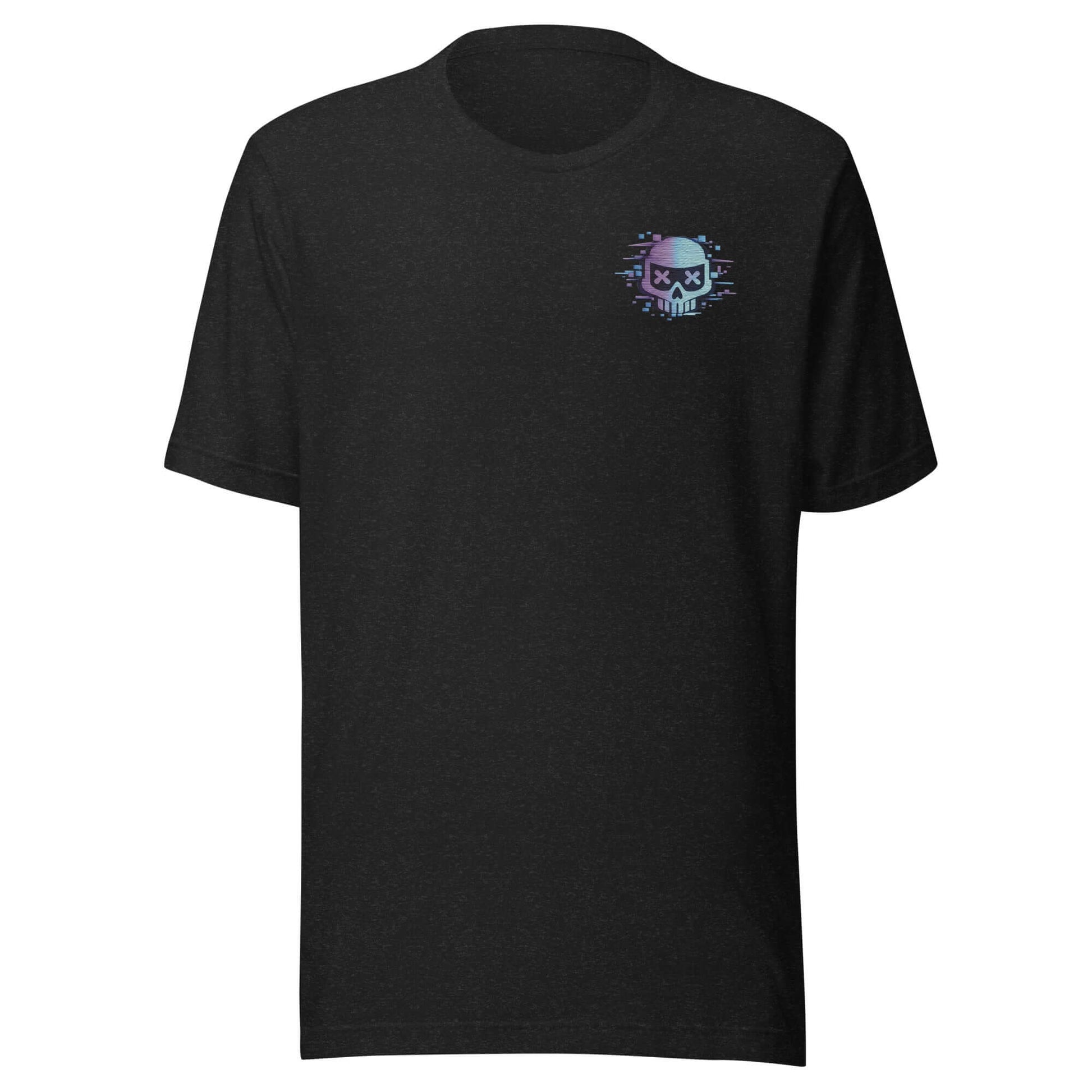 Unisex cotton t-shirt featuring a colorful skull design on a black background, perfect for casual wear.