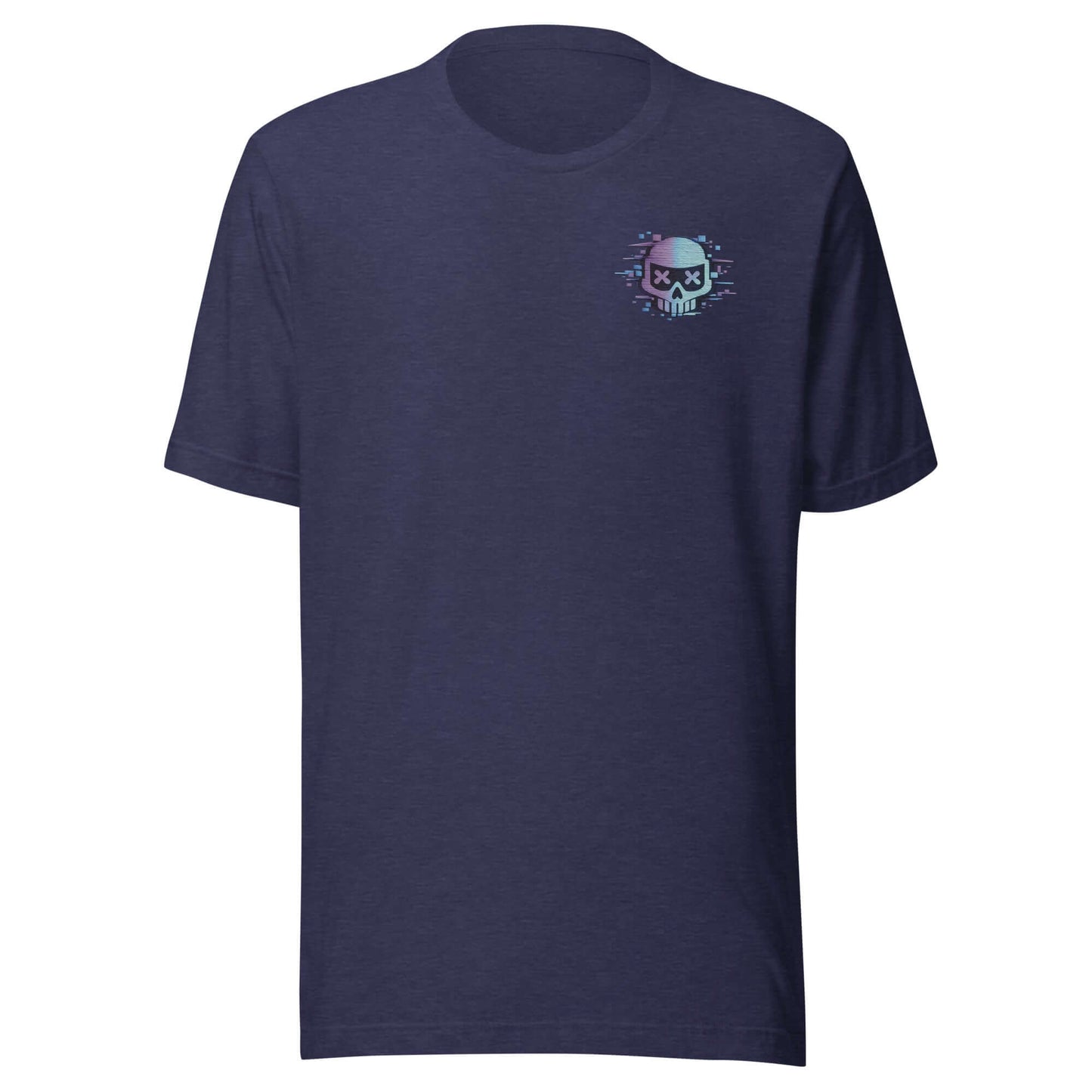 Unisex cotton t-shirt featuring a colorful skull design on a navy background, perfect for casual wear.