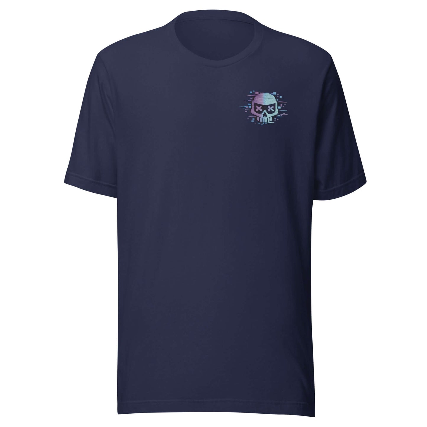 Unisex cotton t-shirt featuring a colorful graphic skull design on navy blue fabric.