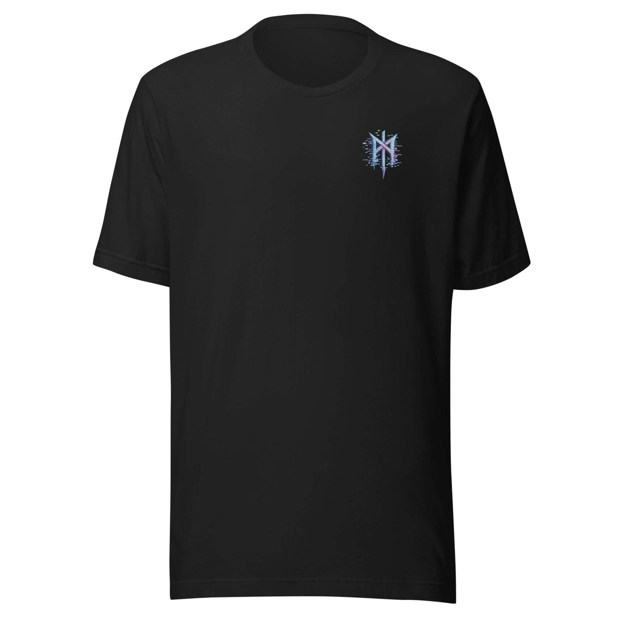 Unisex cotton t-shirt in black featuring a stylish logo design on the front.