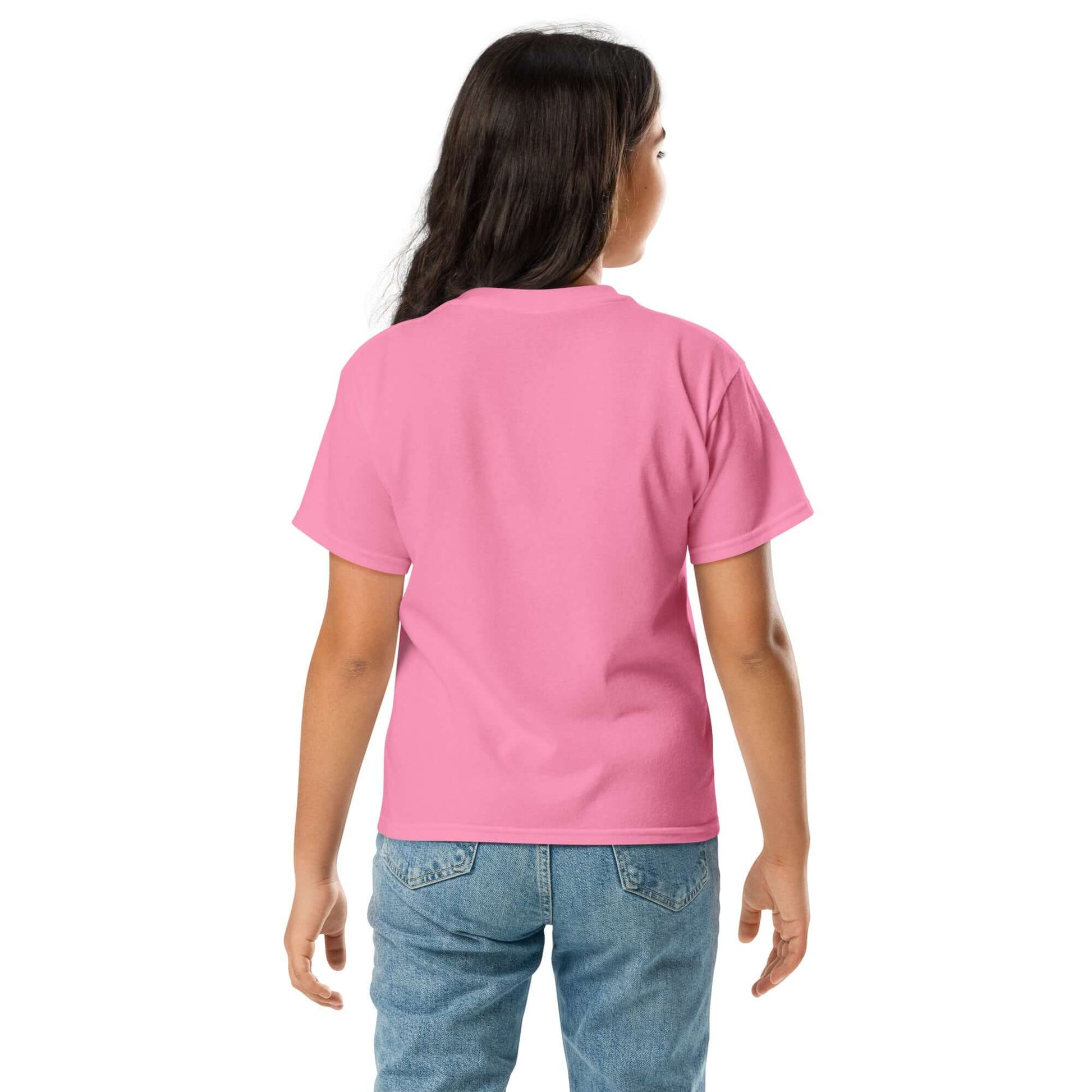Back view of a child wearing a pink Youth classic tee with short sleeves.