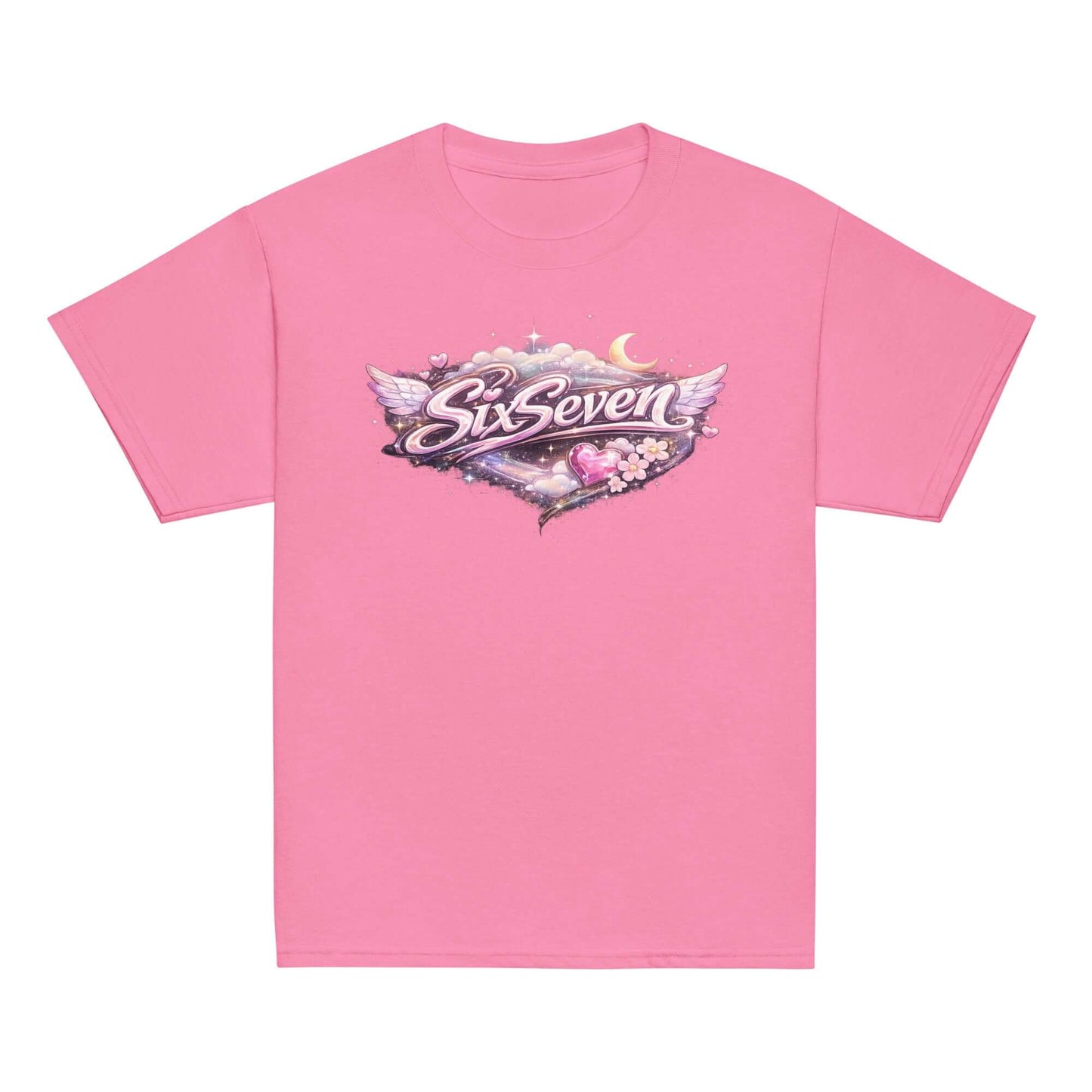 Youth classic tee in pink featuring a colorful SixSeven logo with wings and hearts.