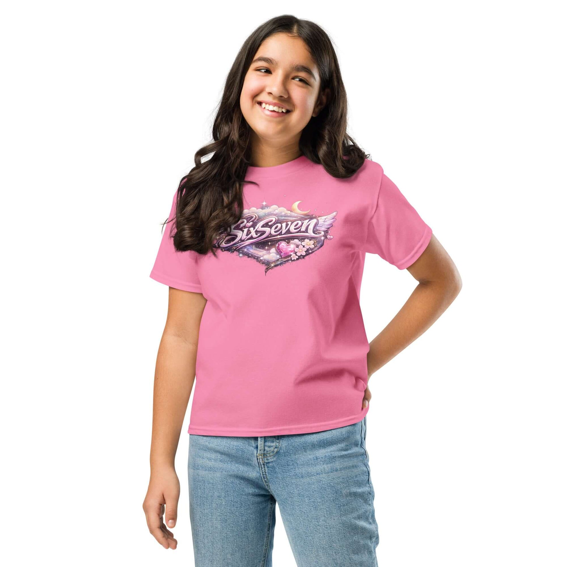 Youth classic tee in pink worn by a girl, featuring a colorful graphic design for a fun and stylish look.
