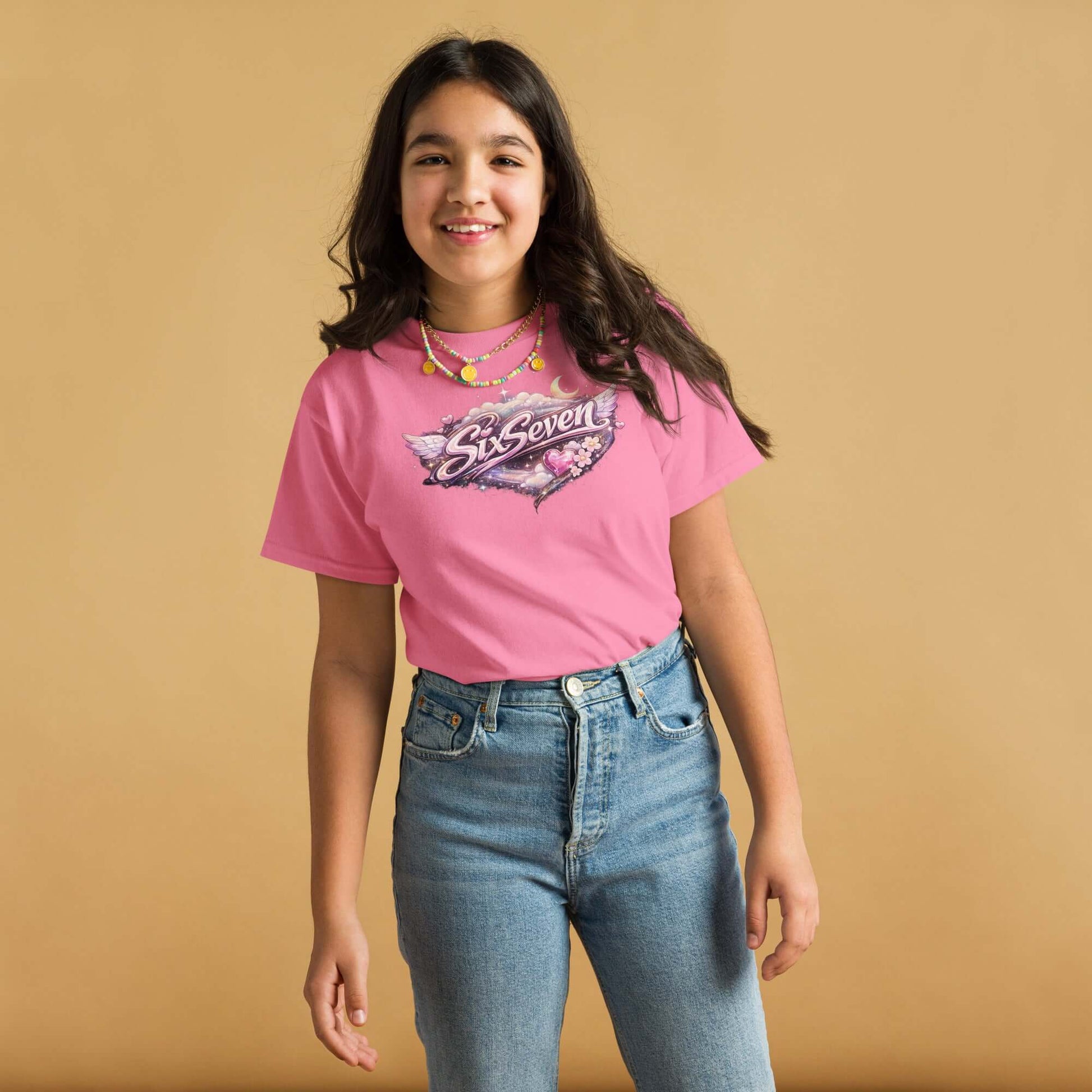 Youth classic tee in pink worn by a girl, ideal for kids' casual wear and adventures.
