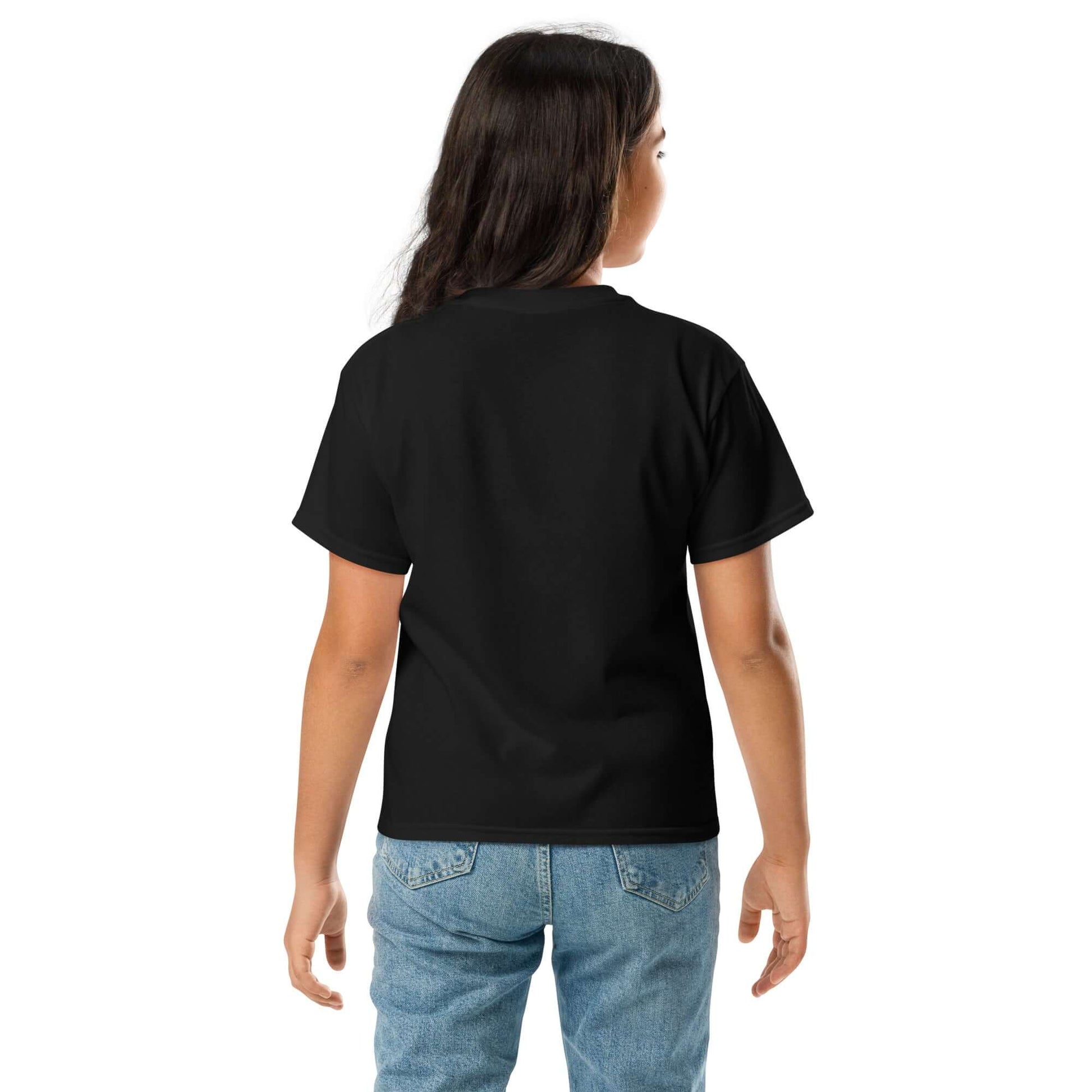 Back view of a child wearing a black Youth classic tee, showcasing its classic fit and versatile style.