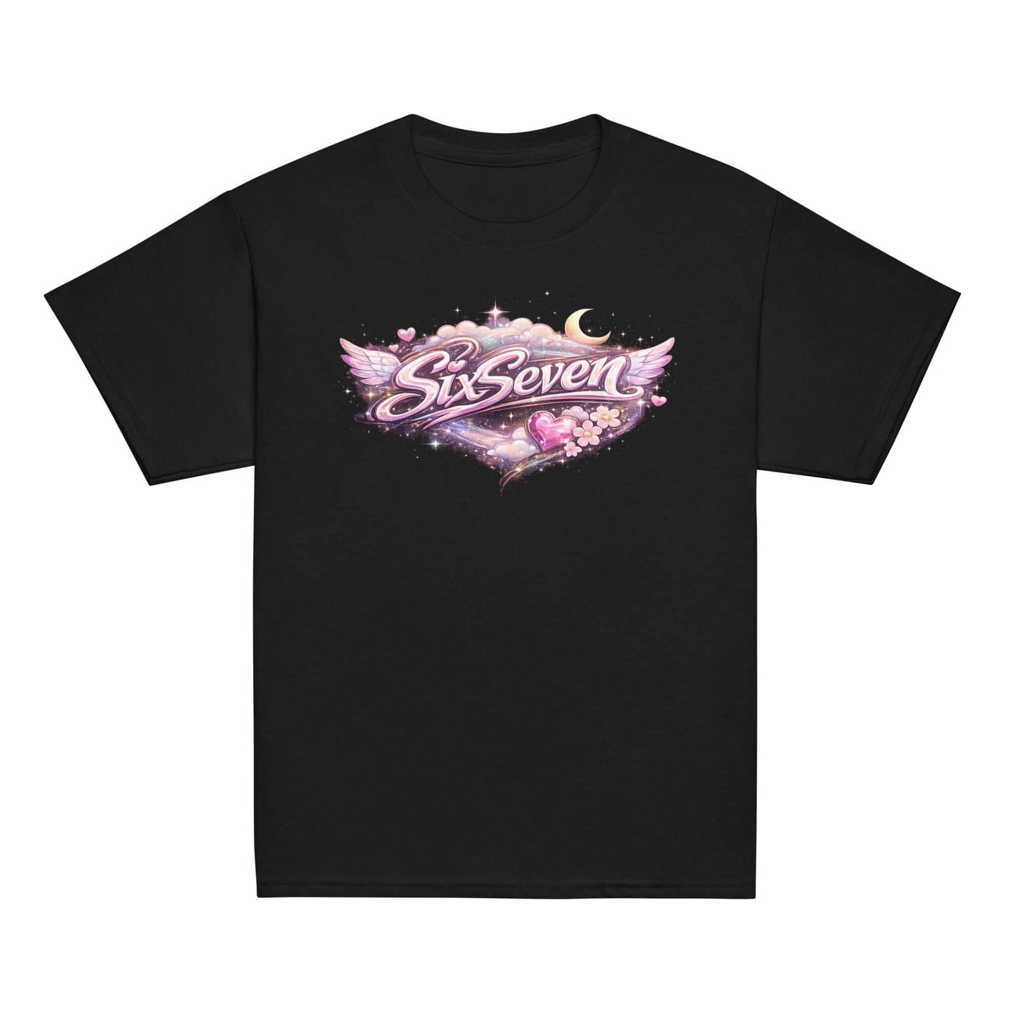 Youth classic tee with graphic design featuring pink wings and the text SixSeven on a black t-shirt.
