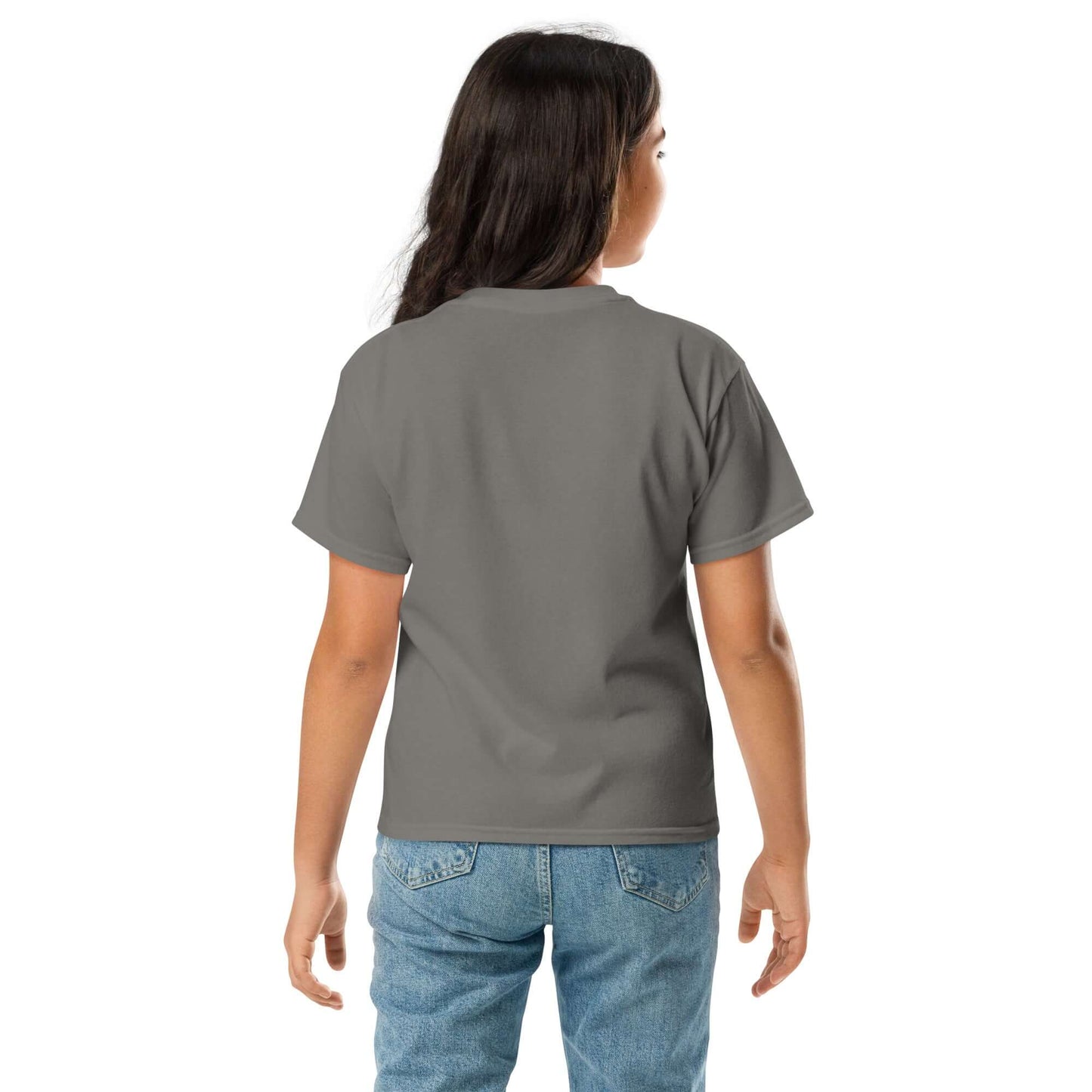 Back view of a child wearing a Youth classic tee in Sport Grey, showcasing the classic fit and casual style.
