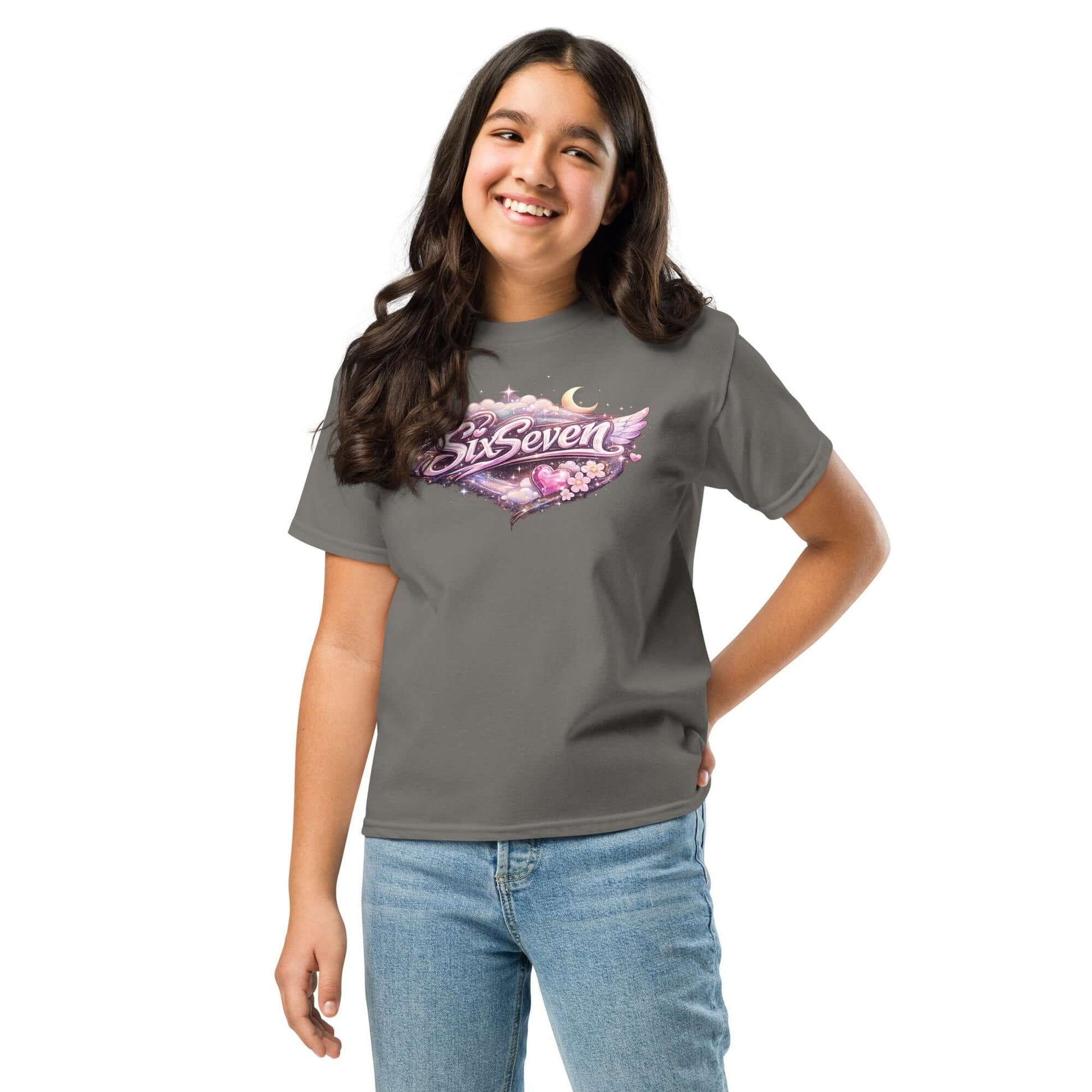 Youth classic tee featuring a colorful graphic design on a Sport Grey t-shirt, perfect for kids.