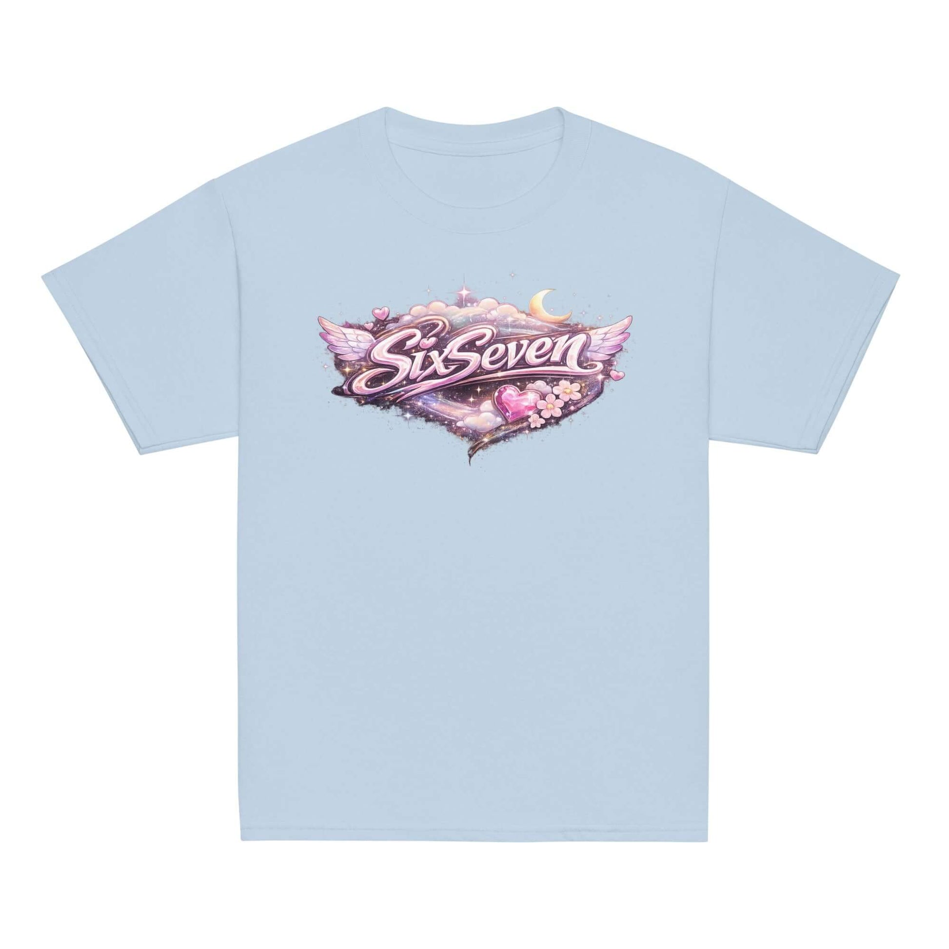 Youth classic tee in light blue featuring a colorful SixSeven graphic design.