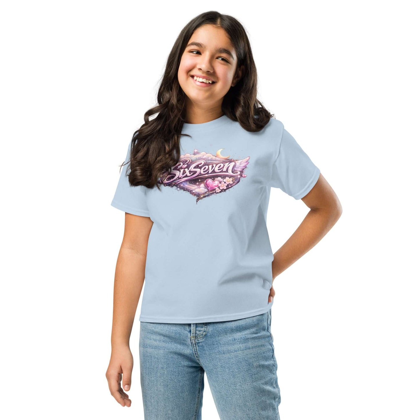 Youth classic tee in light blue with a colorful graphic design, perfect for kids' casual wear.