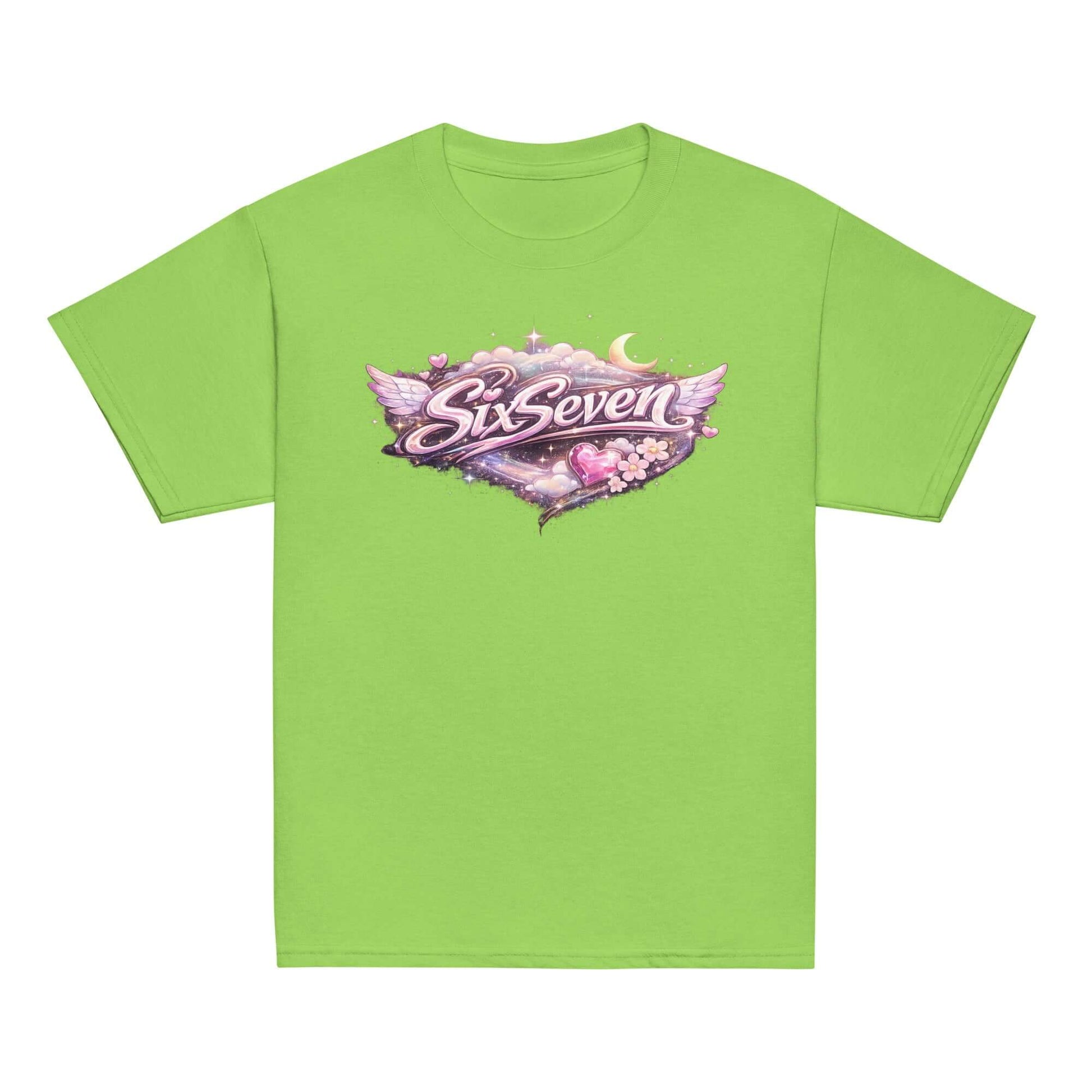 Youth classic tee in vibrant green featuring a colorful SixSeven logo design.