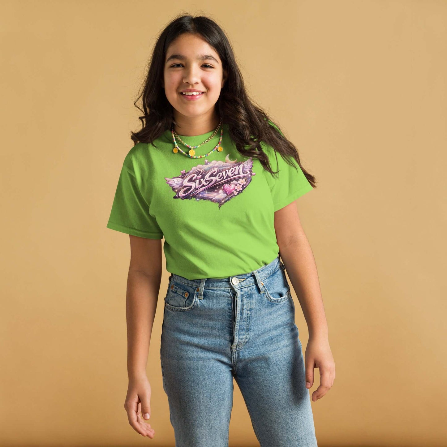Youth classic tee in vibrant green featuring a colorful graphic, perfect for kids' casual wear.