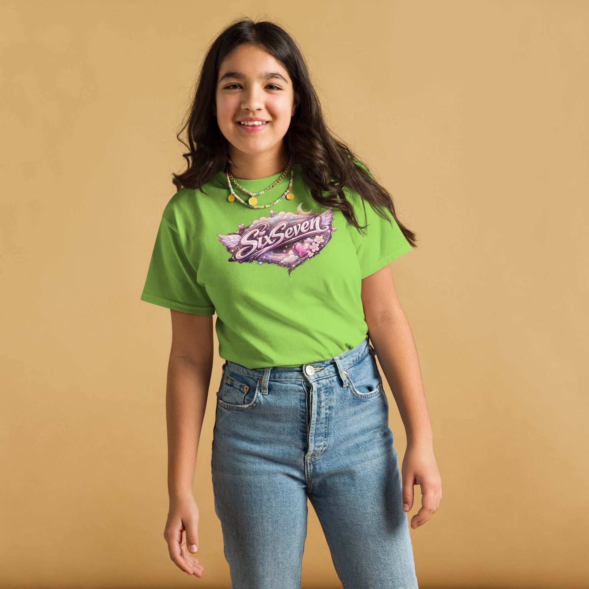 Youth classic tee in vibrant green featuring a colorful graphic, perfect for kids' casual wear.