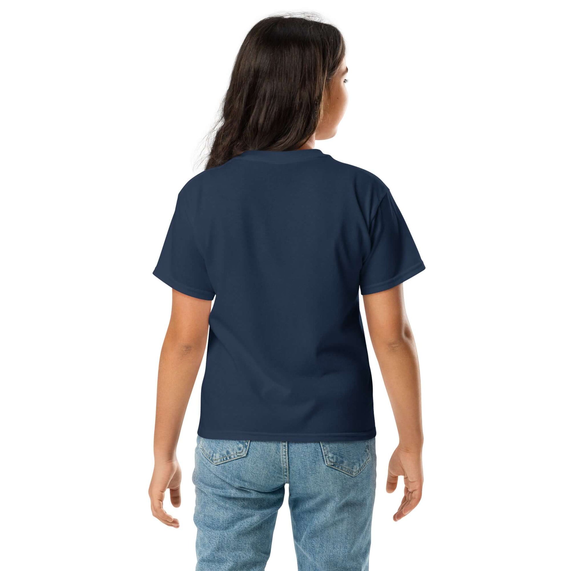 Youth classic tee displayed on a child from the back, showcasing a classic fit in navy color.
