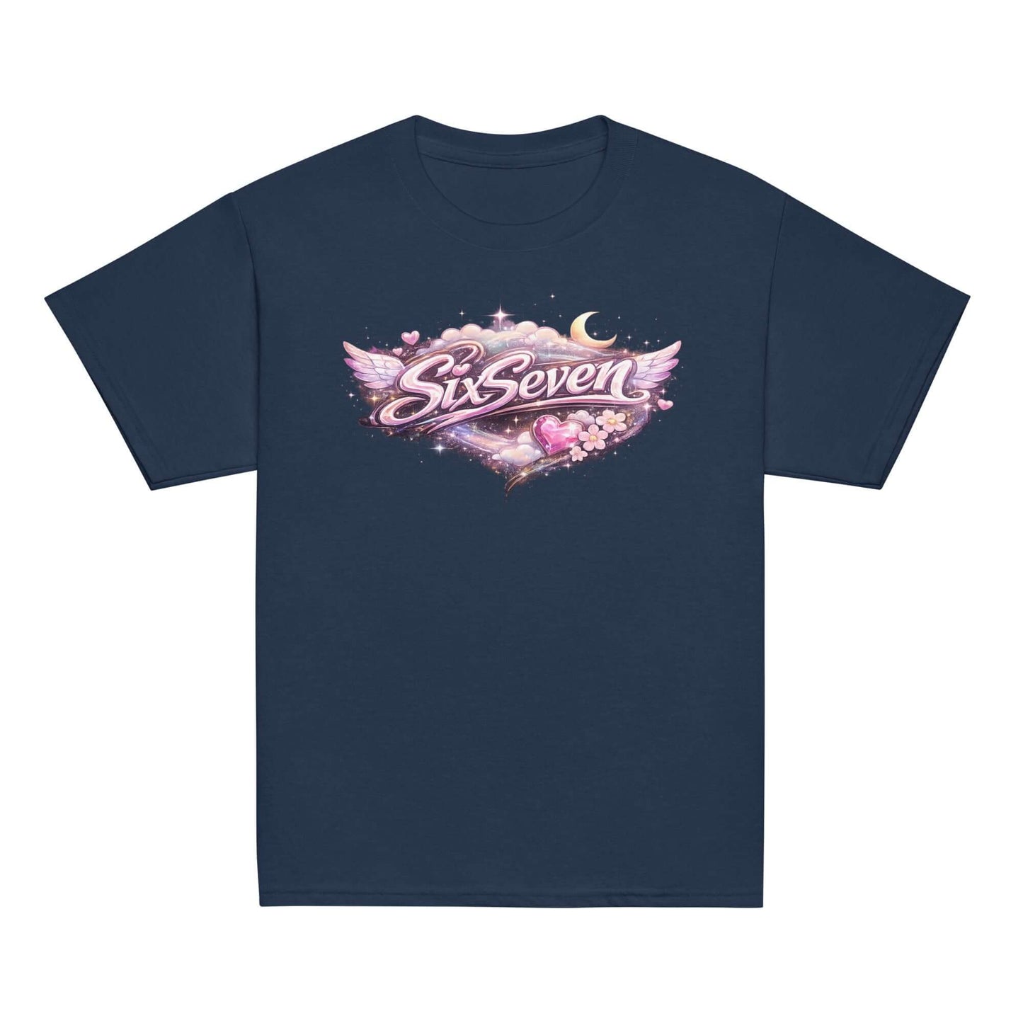 Youth classic tee featuring a whimsical SixSeven design with wings and a heart, perfect for kids.