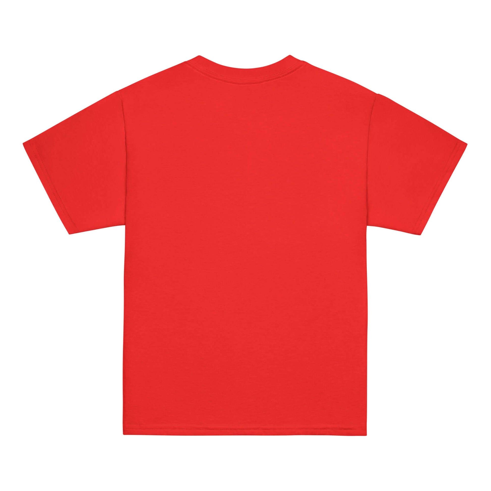 Back view of a vibrant red Youth classic tee showcasing its comfortable fit and stylish design.