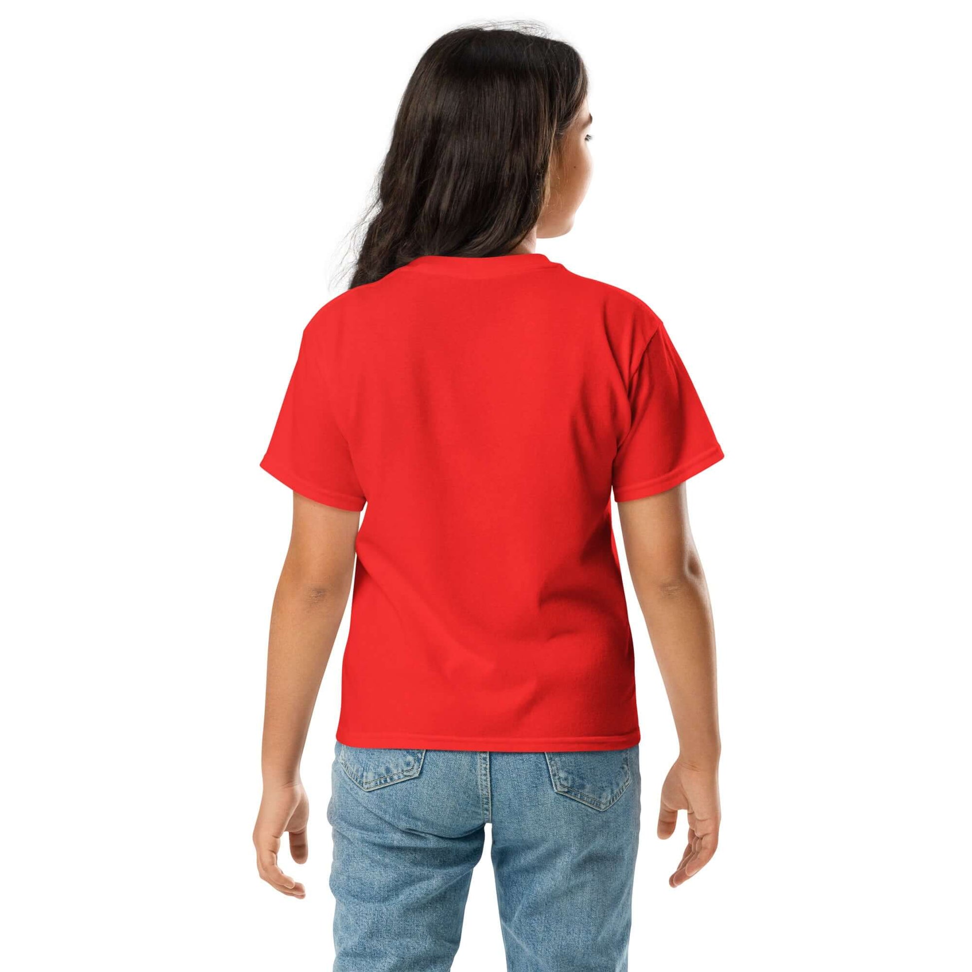Youth classic tee on a child in red, showcasing the back design and classic fit.