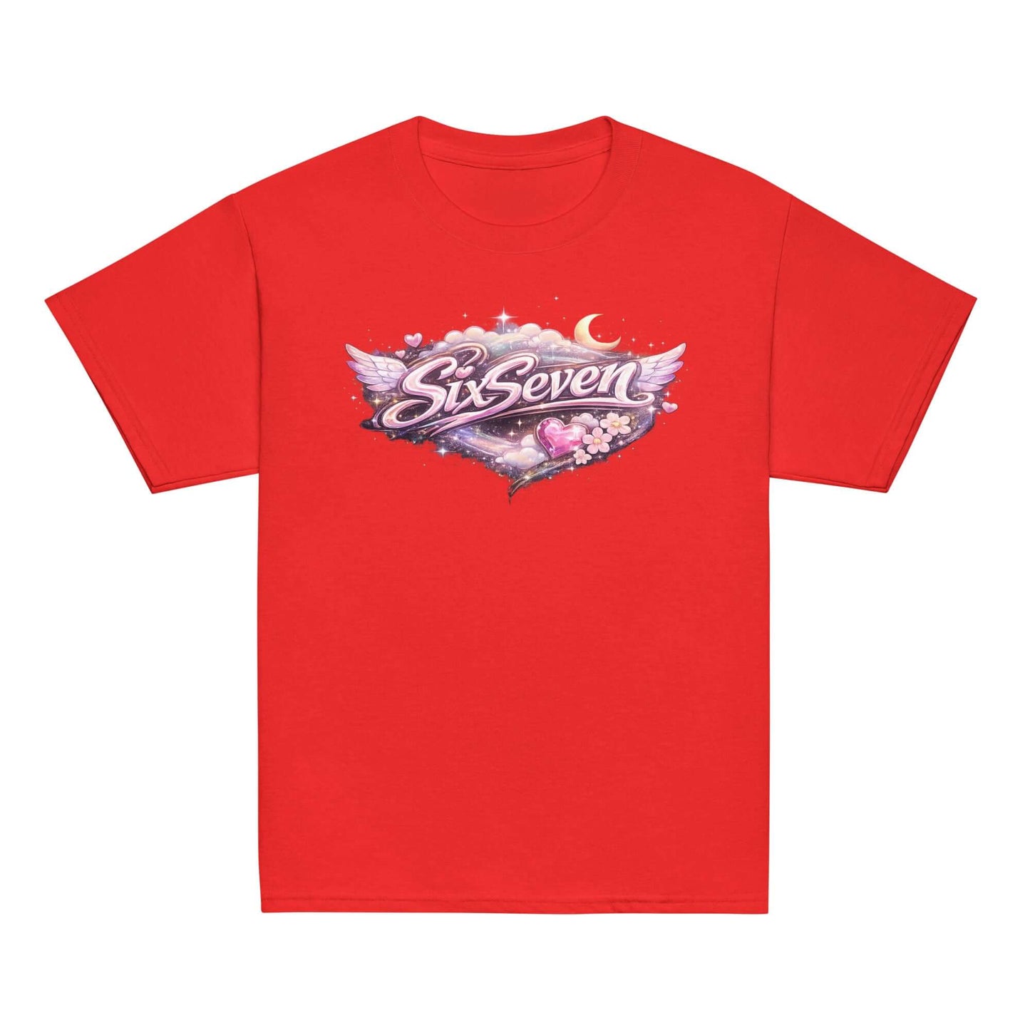 Youth classic tee in vibrant red featuring a colorful 'SixSeven' graphic design.