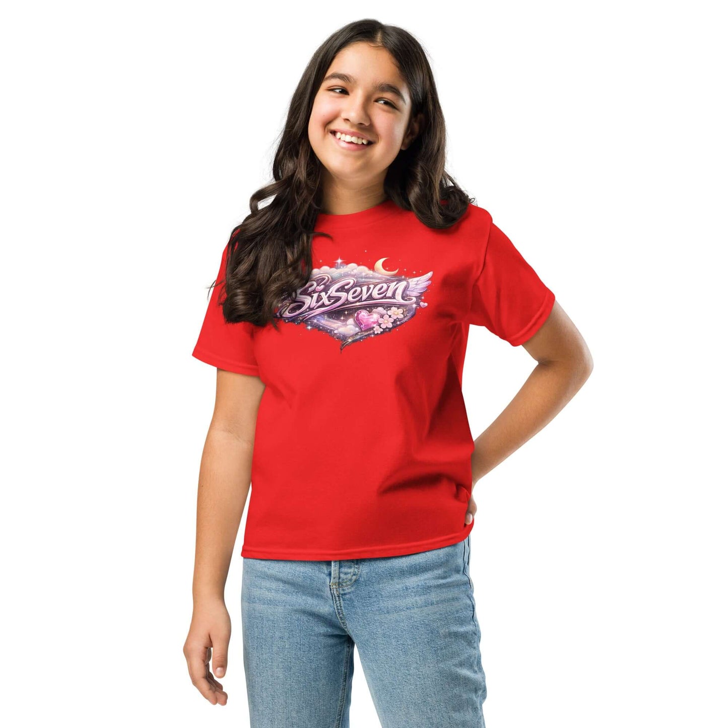Youth classic tee in vibrant red featuring a fun graphic design, perfect for kids' casual wear.