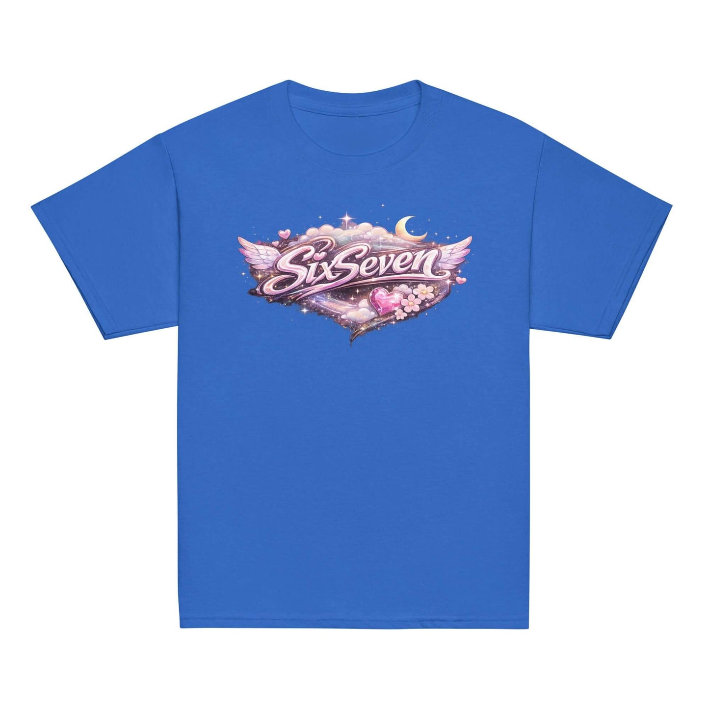 Youth classic tee in blue with a whimsical graphic design featuring the text SixSeven.