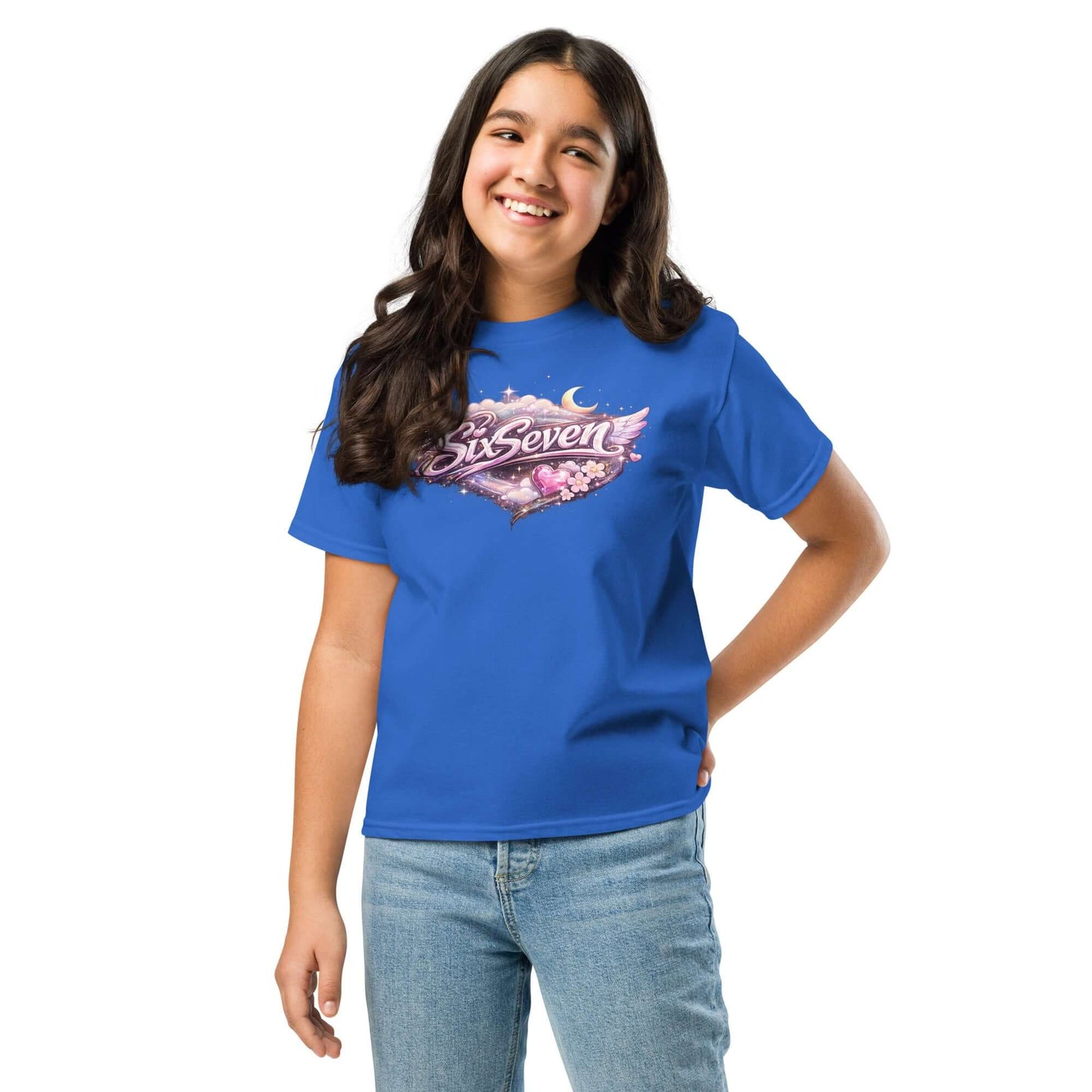 Youth classic tee in vibrant blue featuring a playful design for kids.