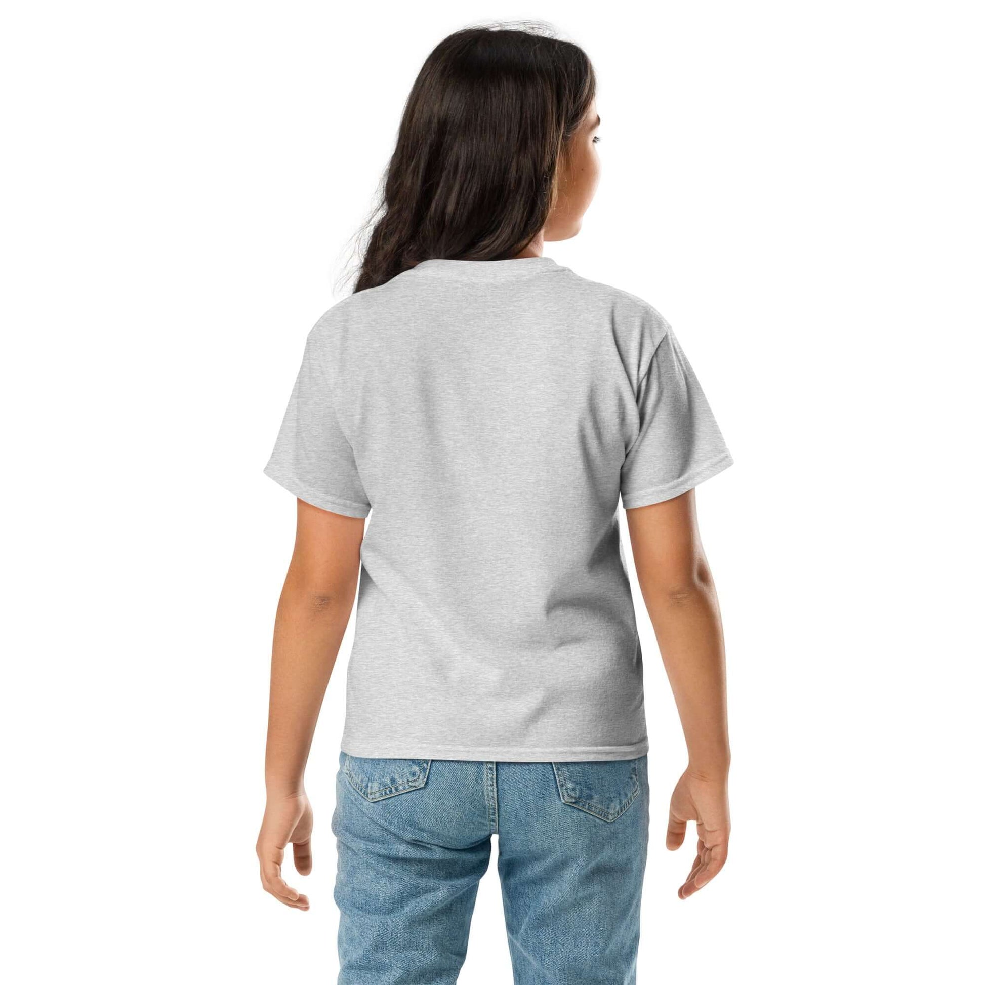Back view of a child wearing the Youth classic tee in Sport Grey, showcasing its classic fit and comfort.
