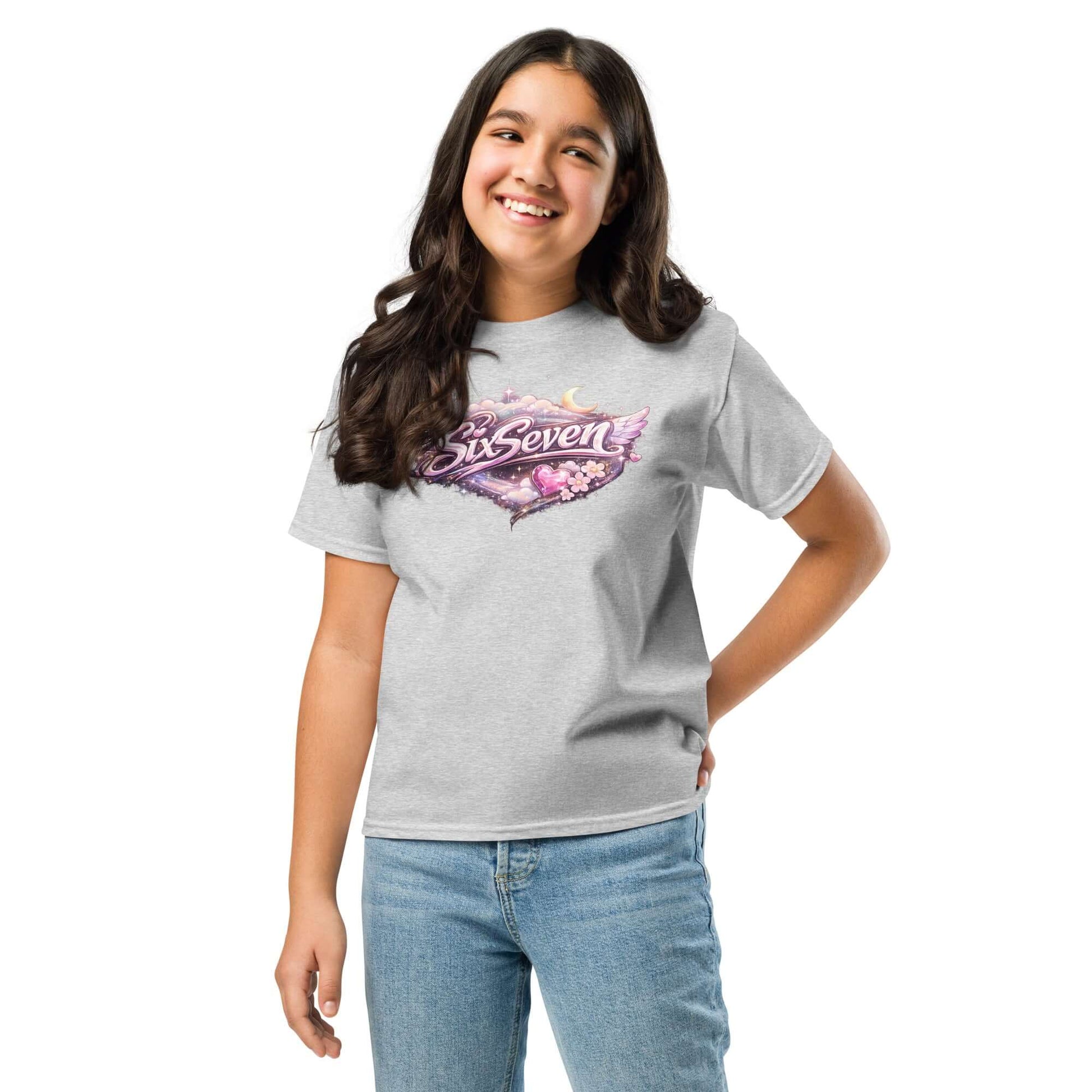 Youth classic tee in Sport Grey worn by a smiling girl, perfect for stylish and adventurous kids.