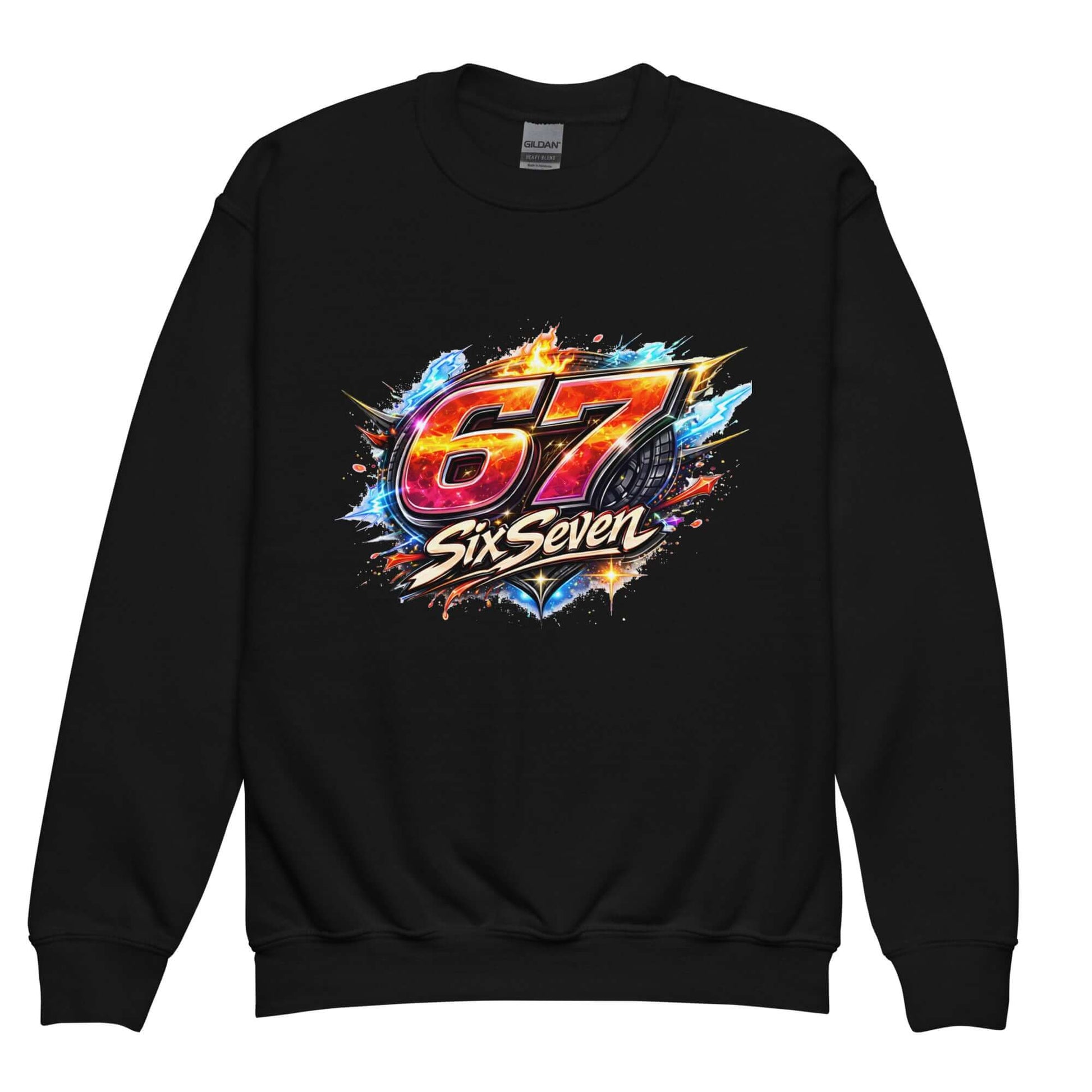 Youth crewneck sweatshirt featuring vibrant 67 Six Seven graphic on a black background.