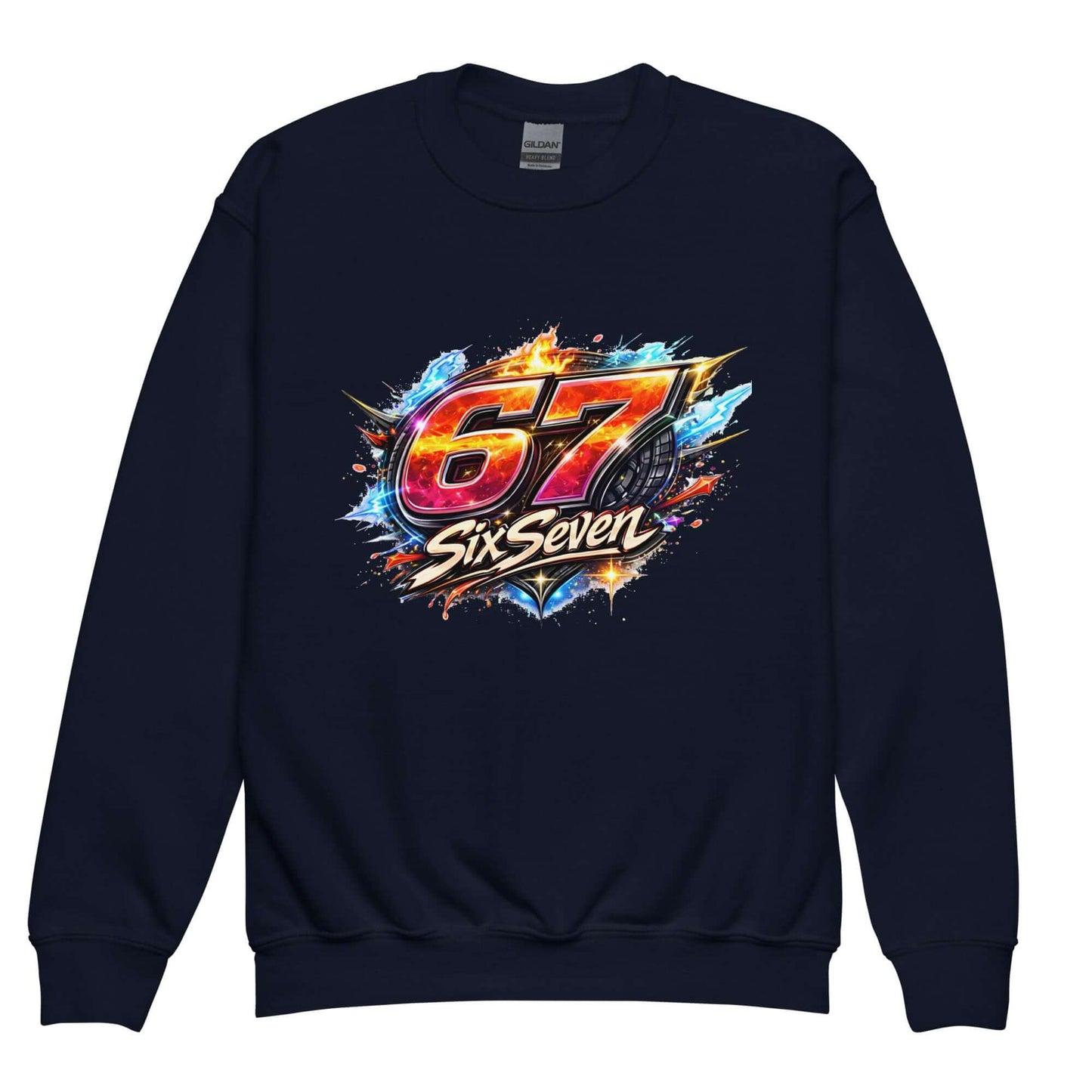 Youth crewneck sweatshirt featuring a vibrant 67 Six Seven design on a navy background.