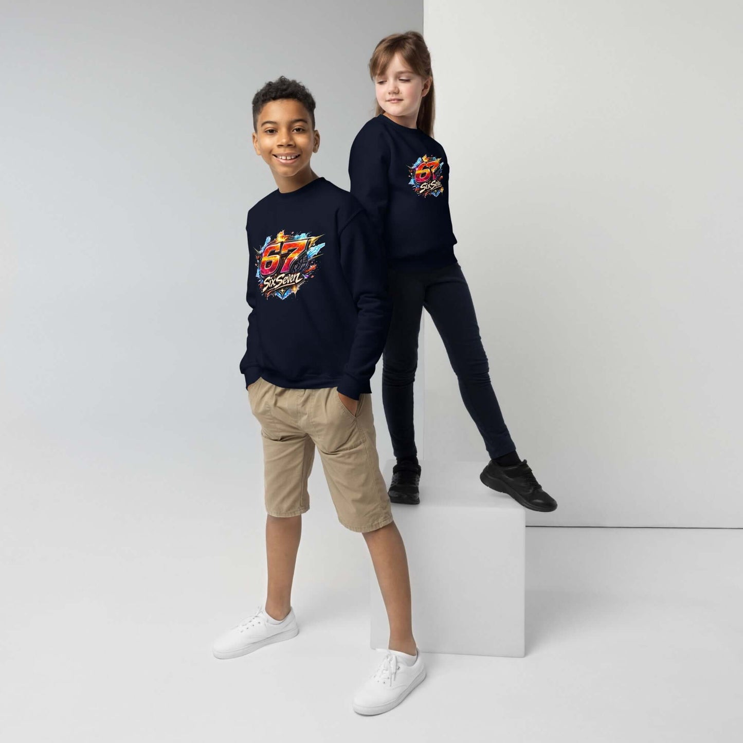 Youth crewneck sweatshirt worn by a boy and girl, showcasing a trendy design in a cozy setting.