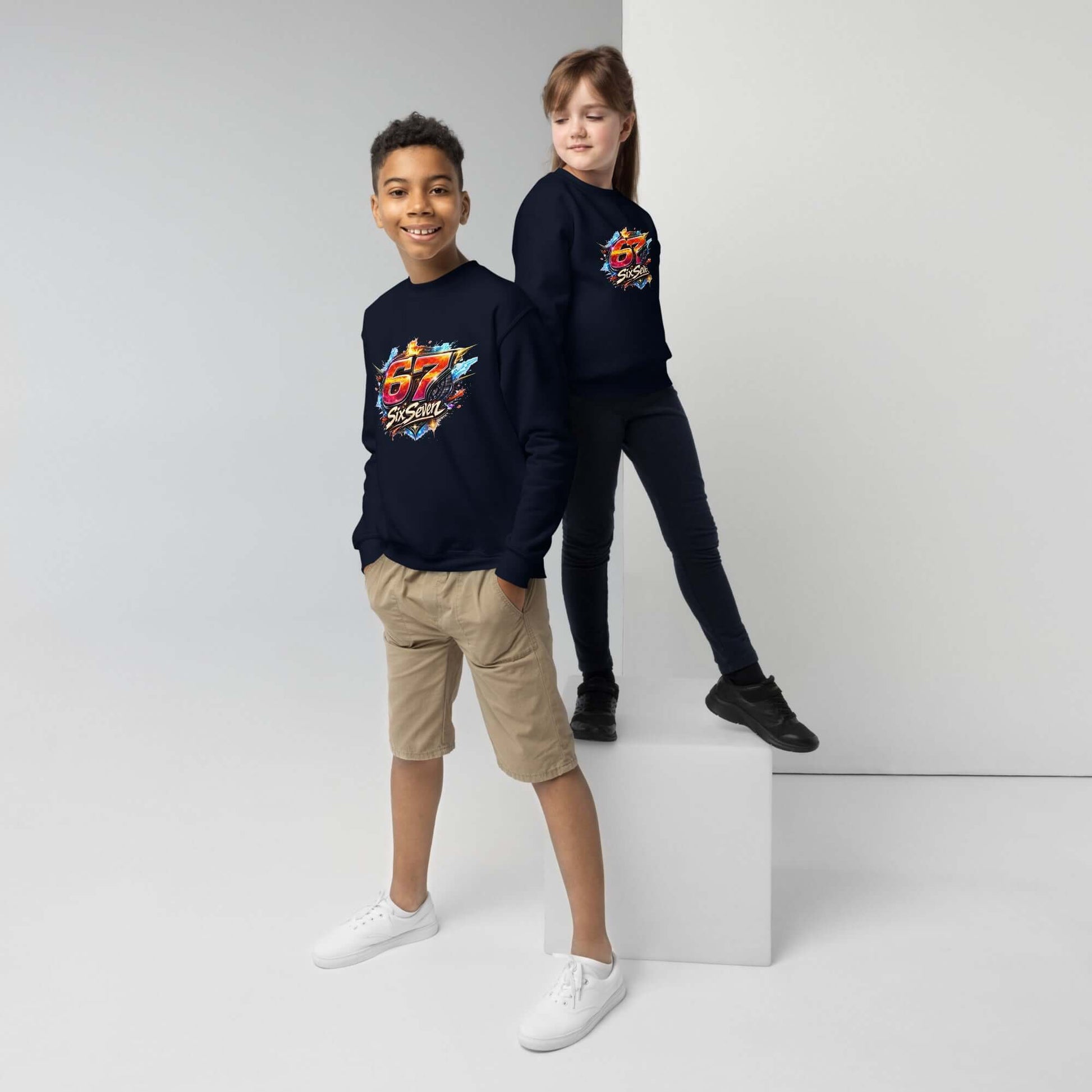 Youth crewneck sweatshirt worn by a boy and girl, showcasing a trendy design in a cozy setting.